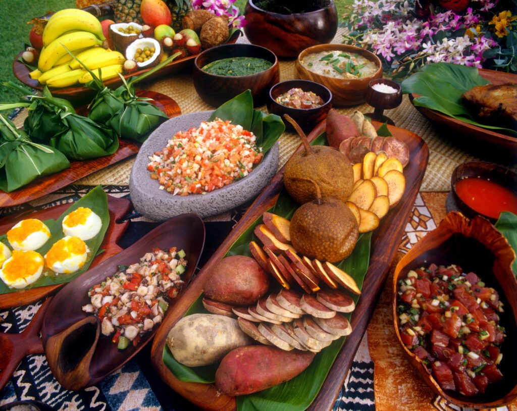 Luau food on table in Hawaii