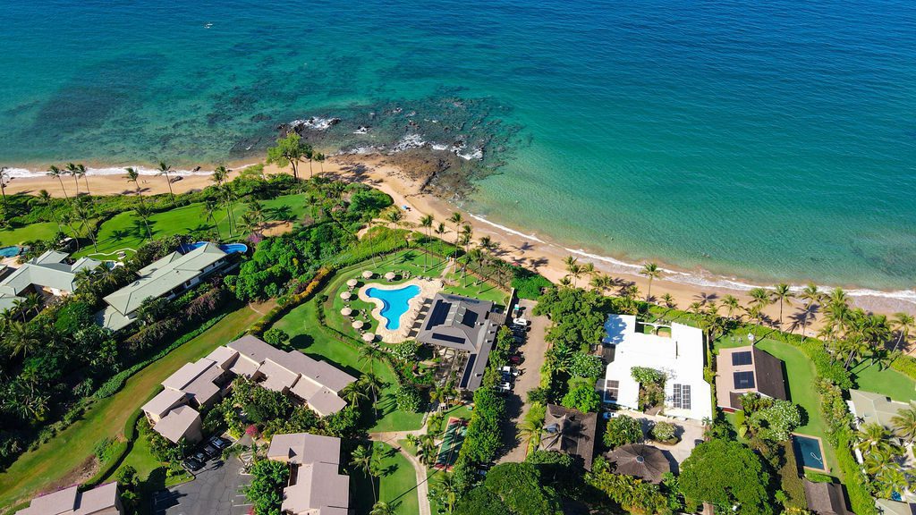 Drone view of Wailea Ekahi Village luxury rental condos in Wailea, Maui, Hawaii.
