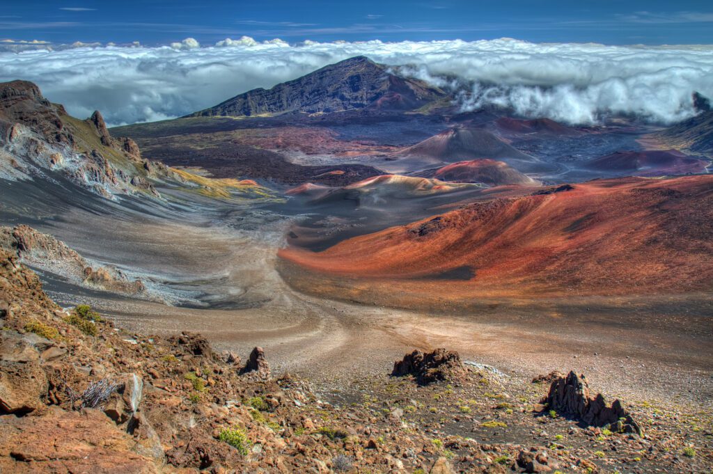 View inside Haleakala crater and its colorful cinder cones from sliding sands trail on Maui, Hawaii