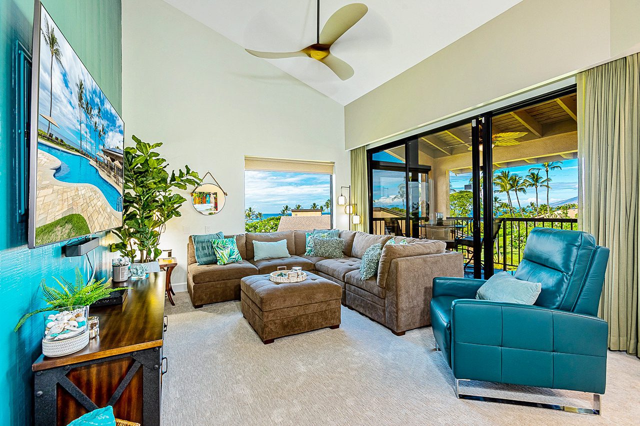 View of living room of Wailea Ekahi Village Luxury Rental Condos Ekahi 11E Condo
